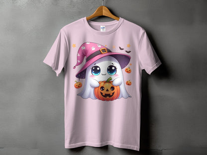 Pink t-shirt with a cute ghost wearing a pink witch hat, holding a pumpkin.