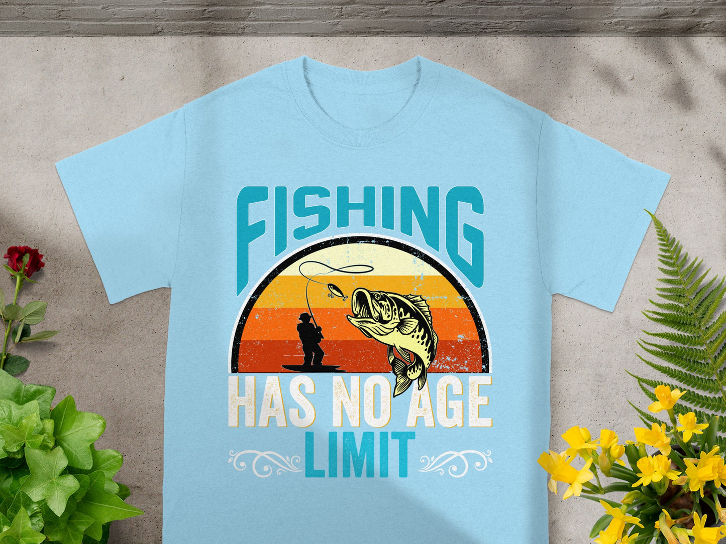 Light blue t-shirt with distressed graphic: "FISHING HAS NO AGE LIMIT" and bass.