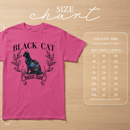 Pink Gildan 5000 heavy cotton t-shirt with black cat constellation graphic and size chart.