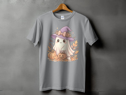 Cute ghost in a witch hat with pumpkins and fall leaves graphic on a gray t-shirt.