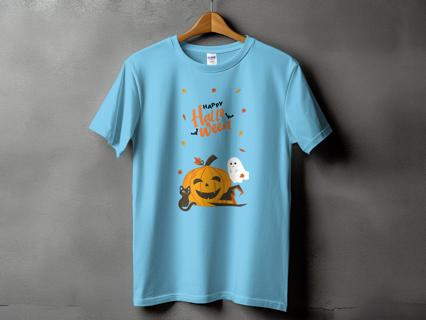Light blue t-shirt with "Happy Halloween" text and cartoon pumpkin, ghost, and cat.