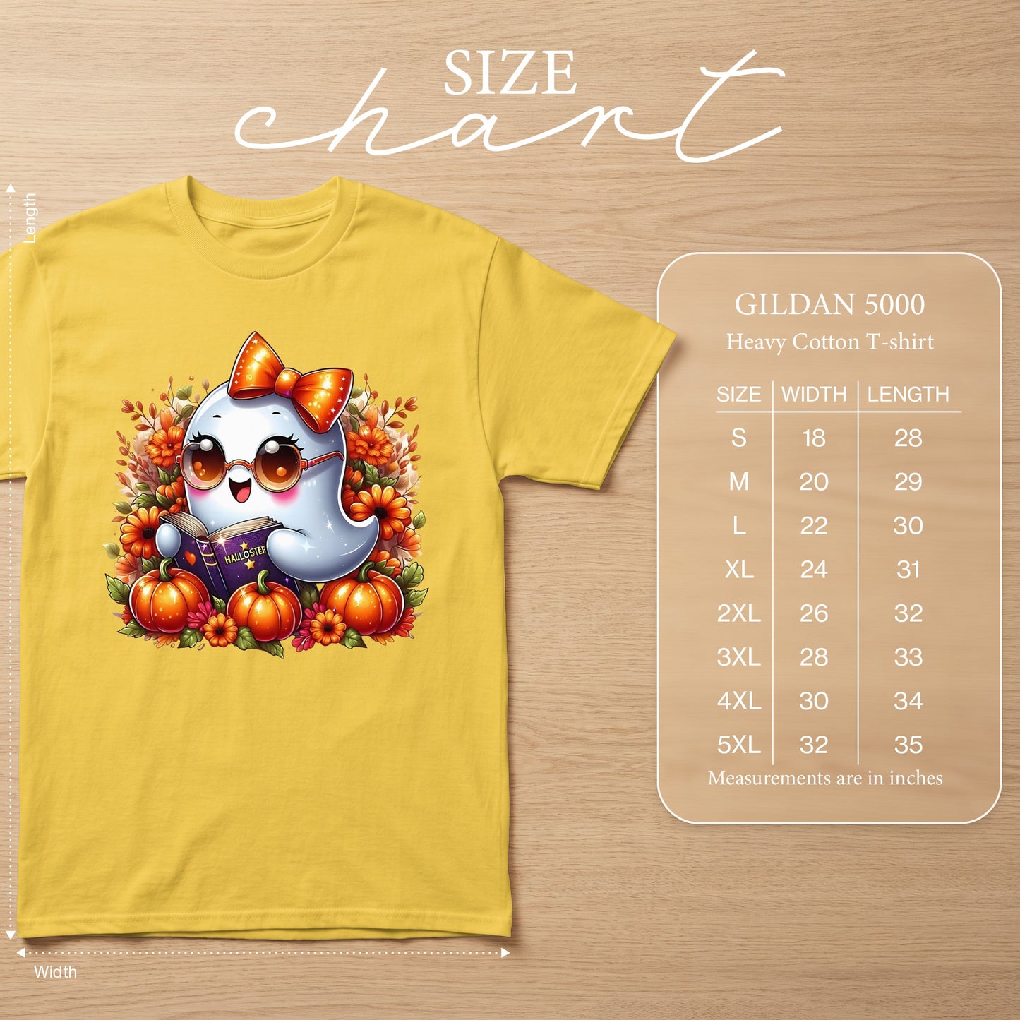 Yellow Gildan 5000 heavy cotton t-shirt with a cute ghost reading a book.