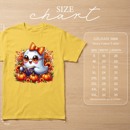 Yellow Gildan 5000 heavy cotton t-shirt with a cute ghost reading a book.