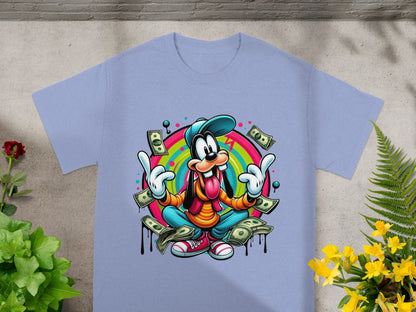 Goofy wearing a hat and sunglasses, surrounded by money, on a t-shirt.
