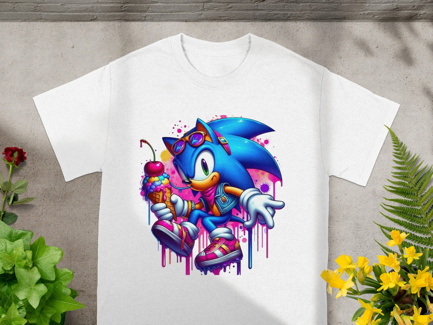 Sonic the Hedgehog wearing sunglasses, holding an ice cream cone, with dripping paint effect.