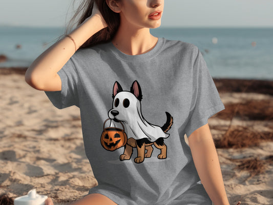 Cute Halloween Dog with Ghost Costume Graphic Tee