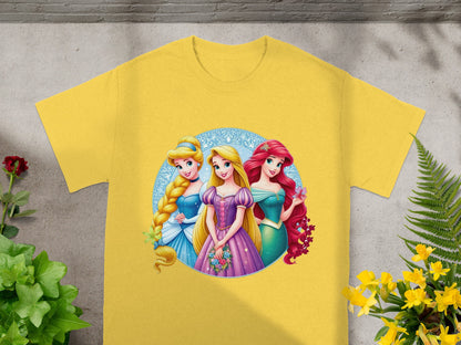 Yellow t-shirt featuring Ariel, Cinderella, and Belle in a circle.