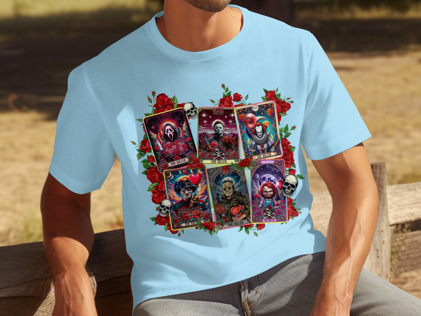 Killer Card Graphic Design on Blue T-Shirt