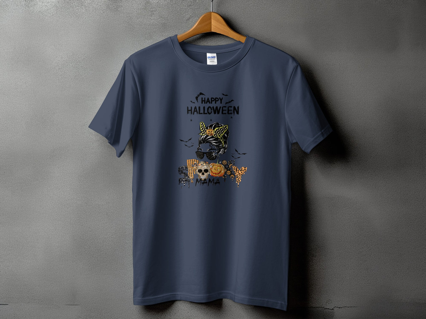Dark blue t-shirt with "Happy Halloween" and "Spooky Mama" Halloween graphic.