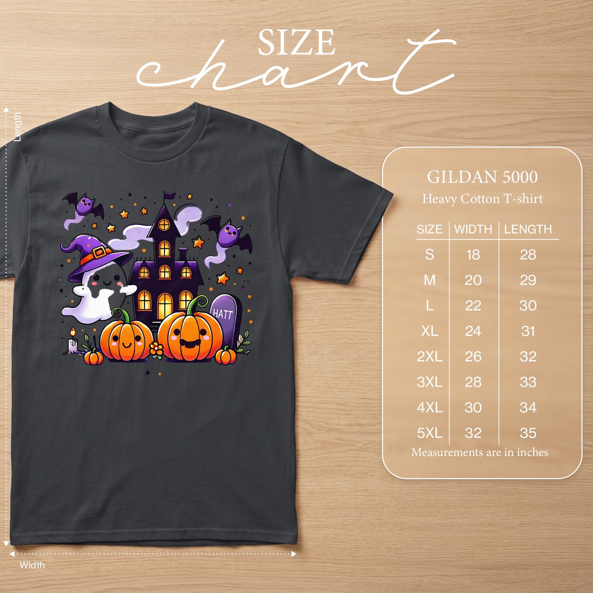 T-shirt with Halloween castle, ghosts, pumpkins, bats, and a size chart.