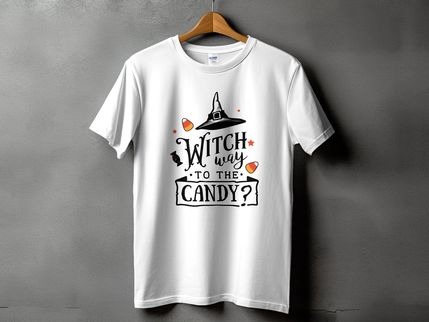 White t-shirt with Halloween graphic "Witch way to the candy?"