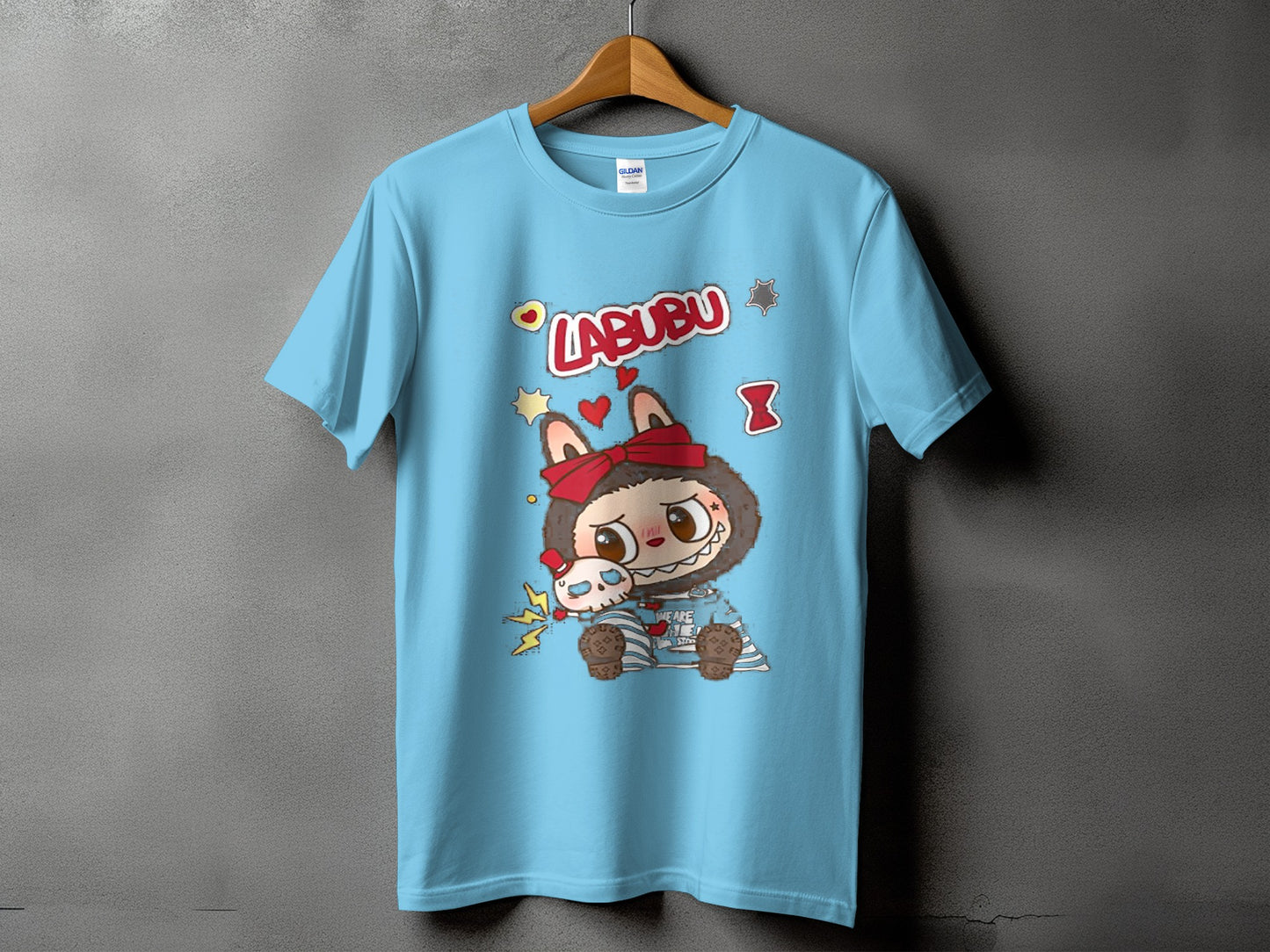 Light blue t-shirt with "LABUBU" text and cartoon monster graphic.