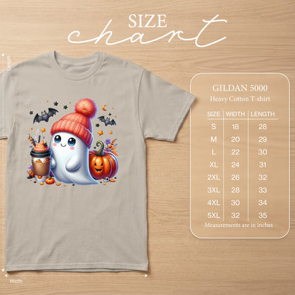 Gildan 5000 Heavy Cotton T-shirt with cute ghost, pumpkin, and coffee graphic. Size chart included.
