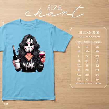 Light blue t-shirt with cartoon woman in hockey mask, holding wine bottle and glass.
