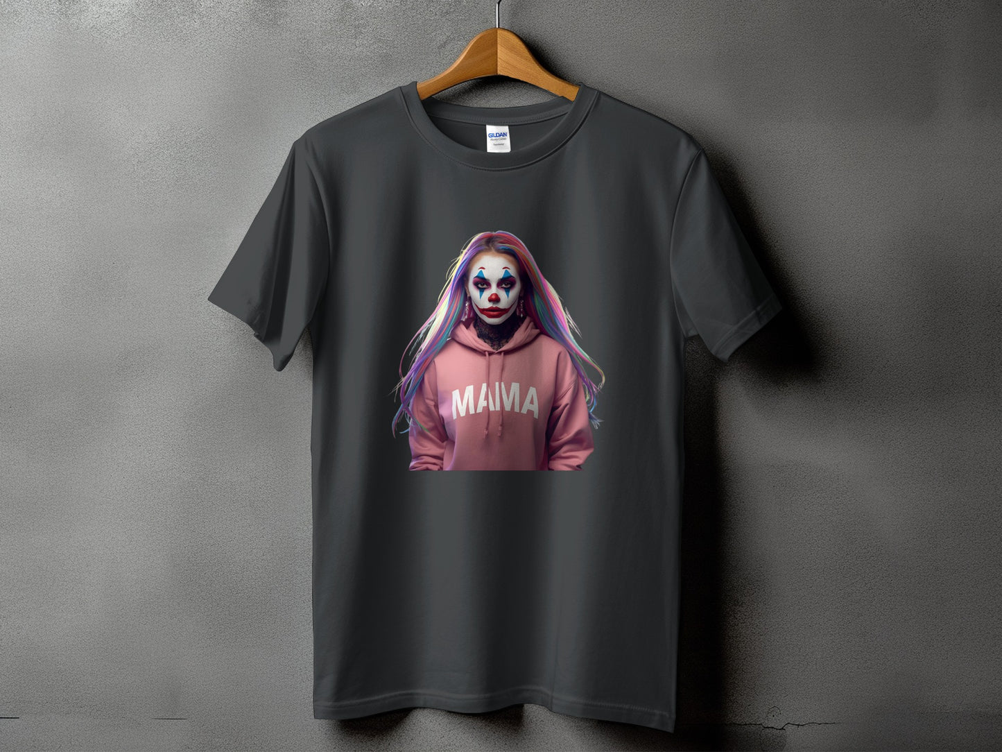 Dark grey t-shirt with a graphic of a clown with "MAMA" text.