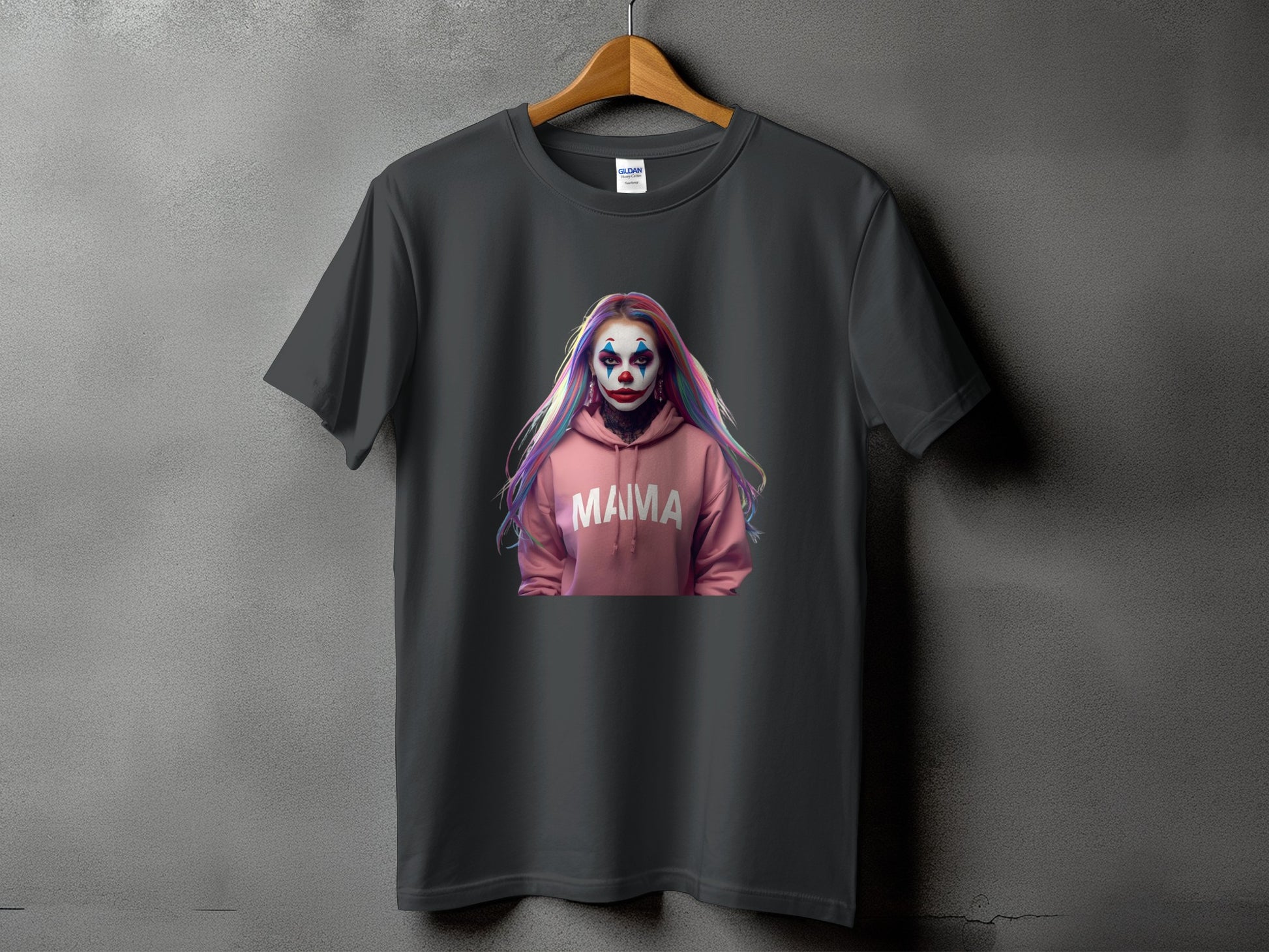 Dark grey t-shirt with a graphic of a clown with "MAMA" text.
