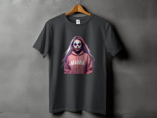 Dark grey t-shirt with a graphic of a clown with "MAMA" text.
