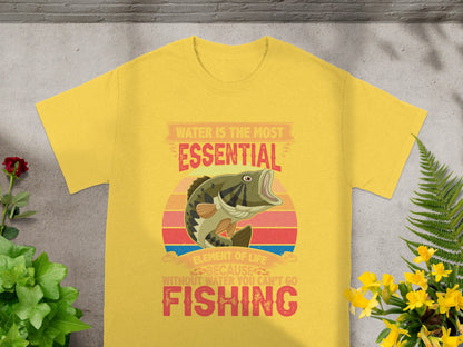 Yellow t-shirt with a bass jumping in front of a sunset graphic and fishing text.