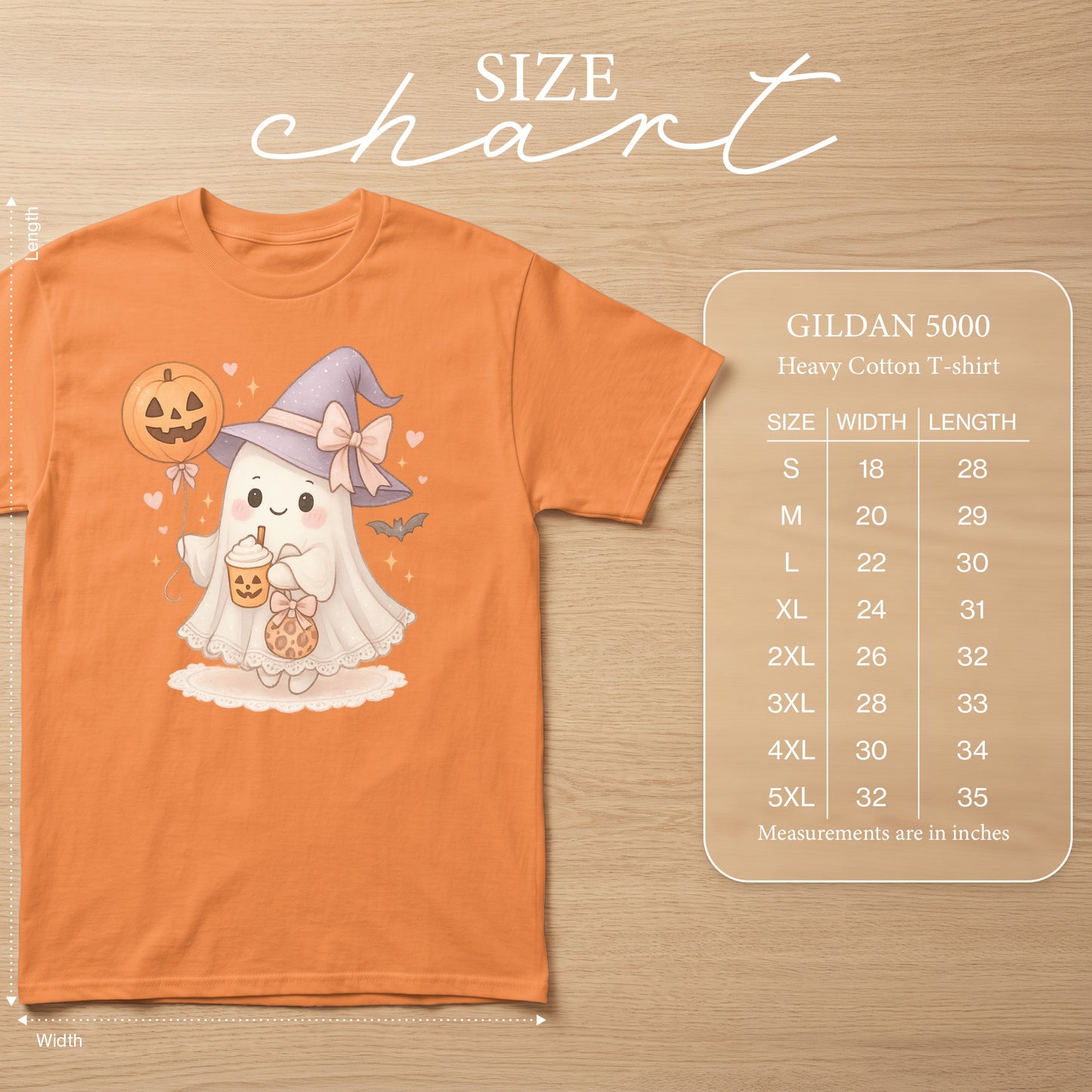 Orange t-shirt with a cute ghost graphic and Gildan 5000 heavy cotton t-shirt size chart.