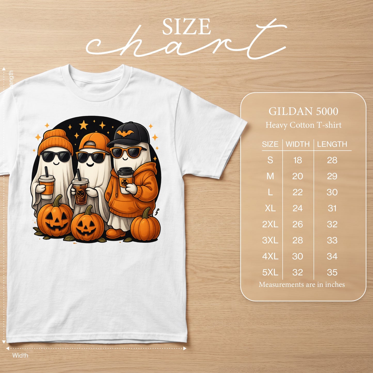 White t-shirt with Halloween ghosts and pumpkins graphic, includes Gildan 5000 size chart.
