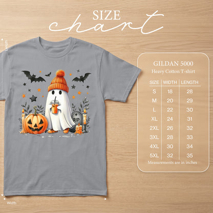 Grey Gildan 5000 heavy cotton t-shirt with Halloween ghost graphic and size chart.