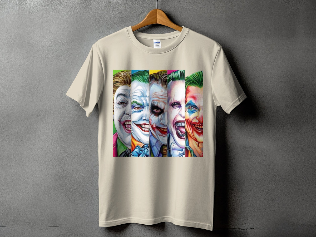 Cream t-shirt featuring a collage of five Joker faces in vertical panels.