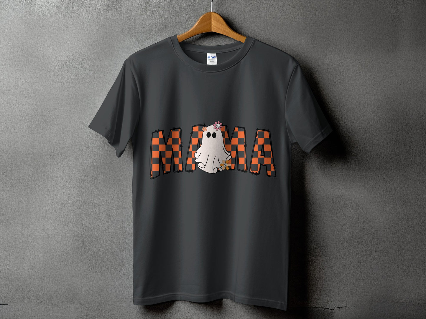 Dark grey t-shirt with "MAMA" text and a ghost graphic.