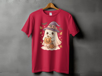 Red t-shirt with a cute cartoon ghost wearing a witch hat holding pumpkins.