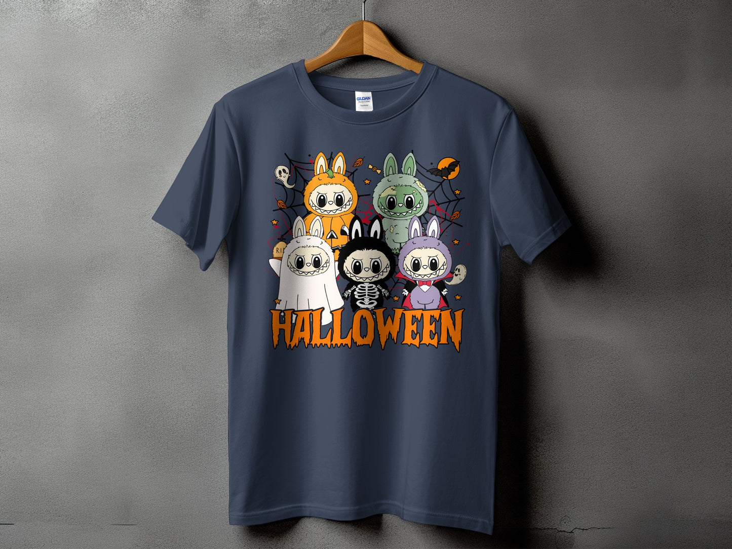 Dark blue t-shirt with Halloween graphic of bunnies in costumes and the word "Halloween".