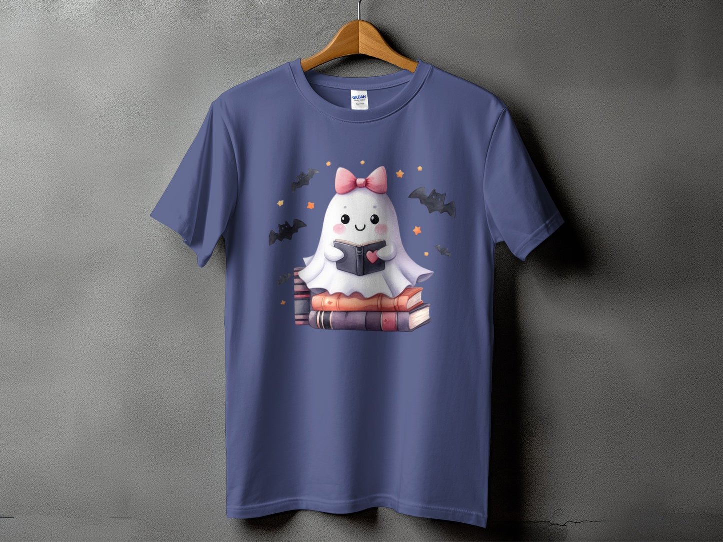 Cute ghost with pink bow reading a book on stacked books, surrounded by bats and stars.