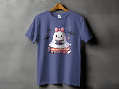 Cute ghost with pink bow reading a book on stacked books, surrounded by bats and stars.
