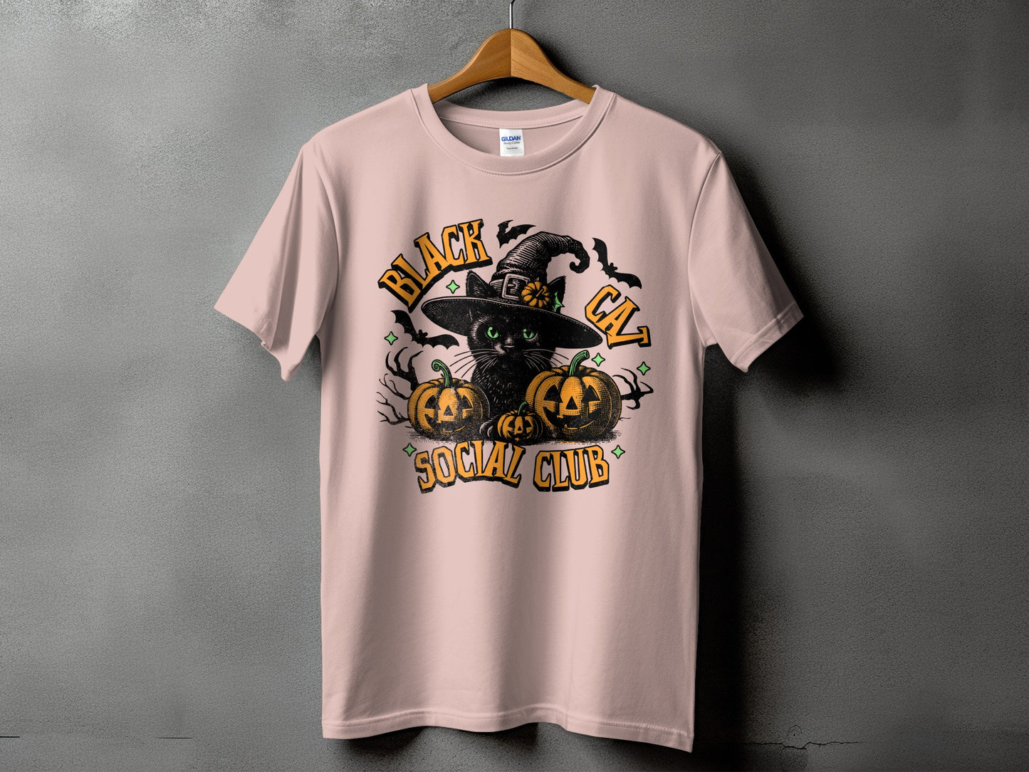Black cat with witch hat, pumpkins, bats, and text "BLACK CAT SOCIAL CLUB".