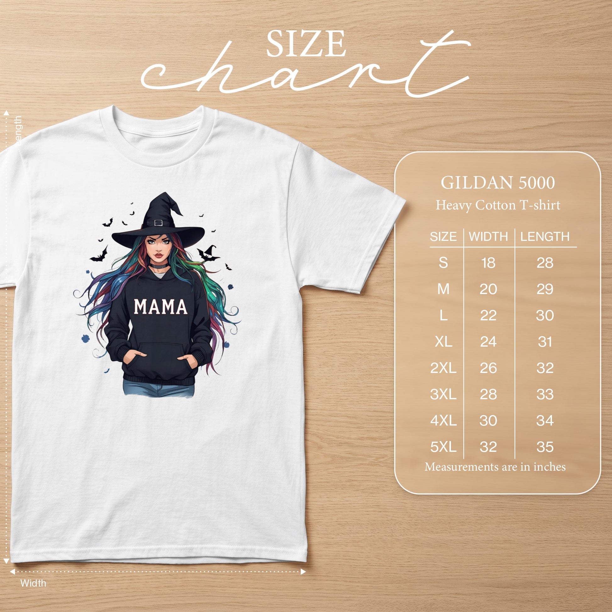 White t-shirt with graphic of witch wearing "MAMA" hoodie, size chart included.