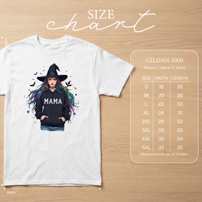 White t-shirt with graphic of witch wearing "MAMA" hoodie, size chart included.