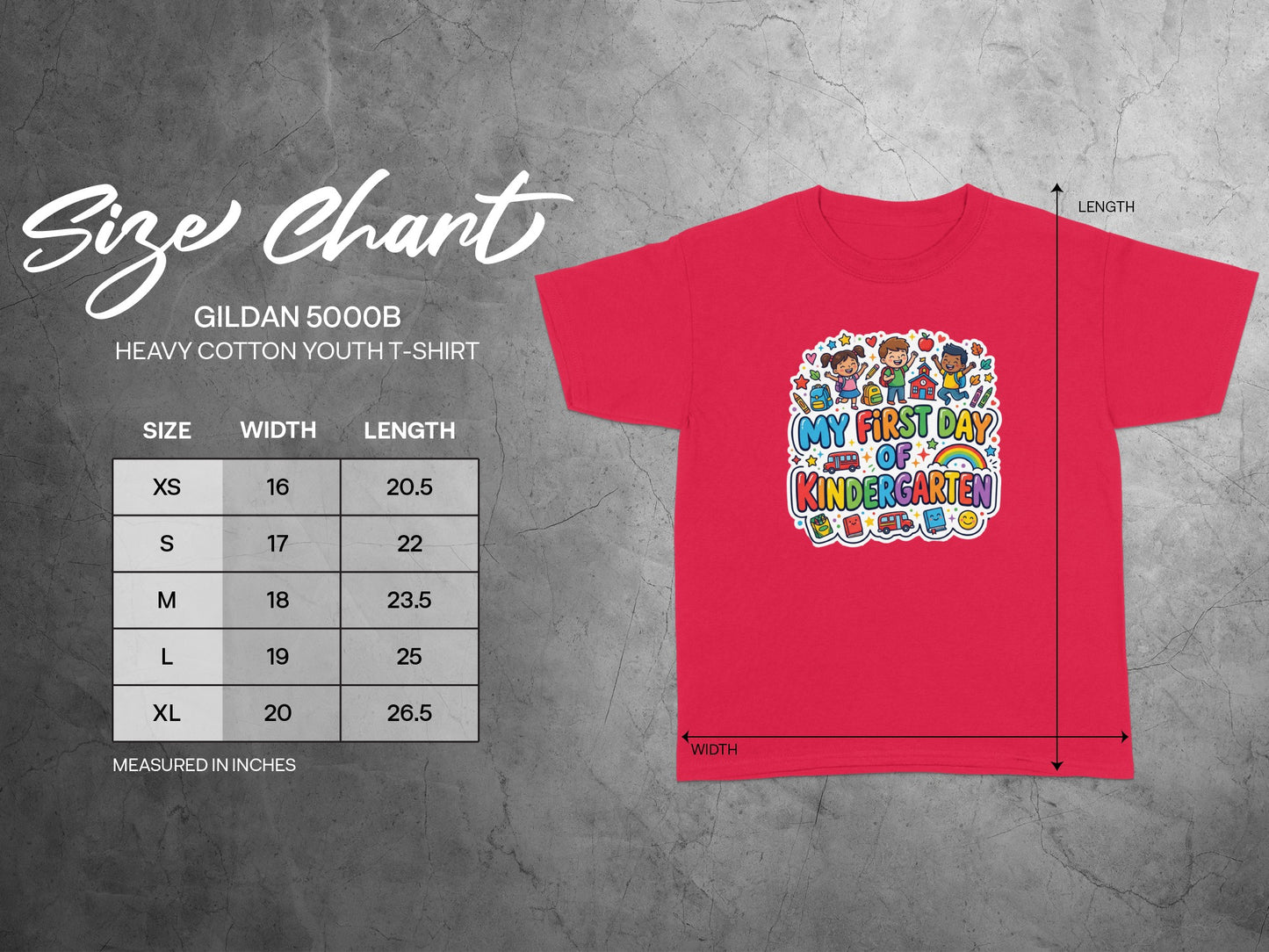Gildan 5000B youth t-shirt size chart with width and length measurements.