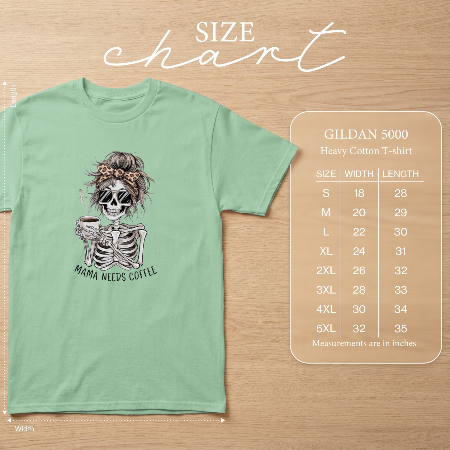 Gildan 5000 Heavy Cotton T-shirt with skeleton graphic and size chart.