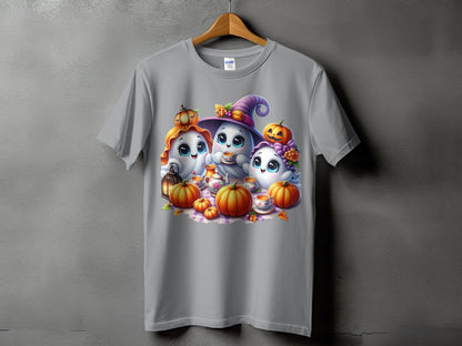 Three cute ghosts with pumpkins, tea set, and lantern on a gray t-shirt.