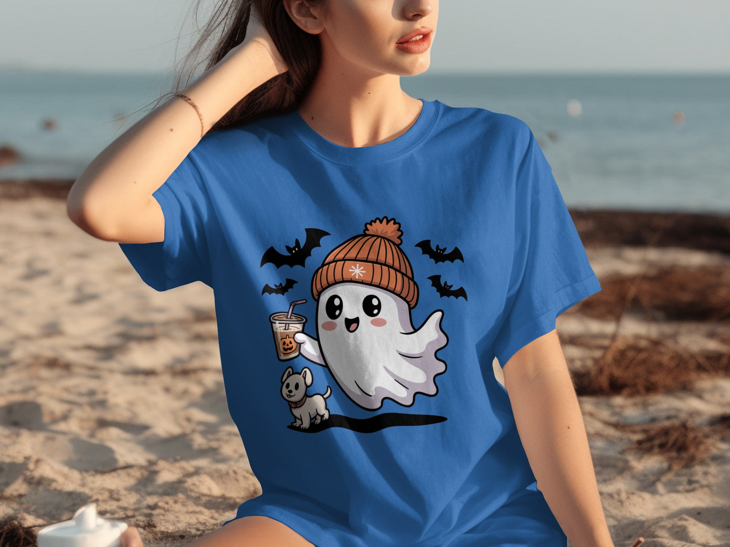 Cute Ghost and Dog with Halloween Bats T-Shirt