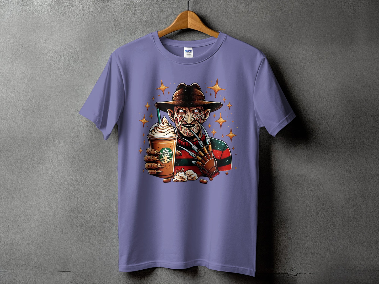 Purple t-shirt with Freddy Krueger holding a Starbucks-like coffee drink.