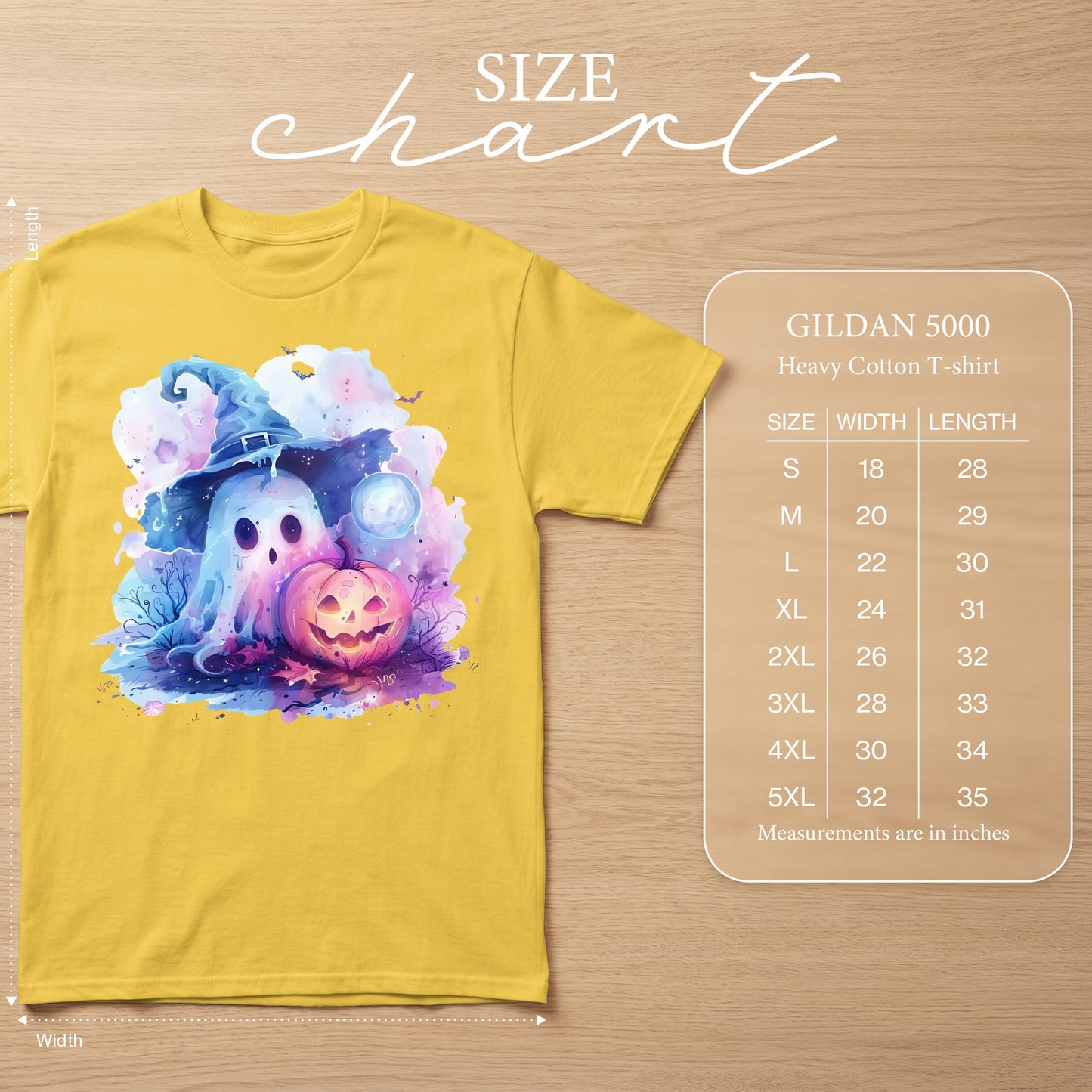 Yellow Gildan 5000 t-shirt with a watercolor ghost and jack-o-lantern design, and a size chart.