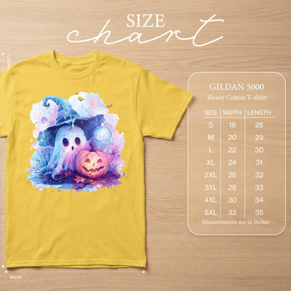 Yellow Gildan 5000 t-shirt with a watercolor ghost and jack-o-lantern design, and a size chart.