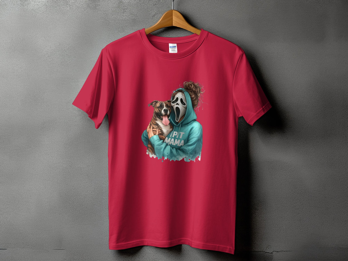 Red t-shirt with graphic of person in ghost mask holding a pit bull, text reads "PIT MAMA".