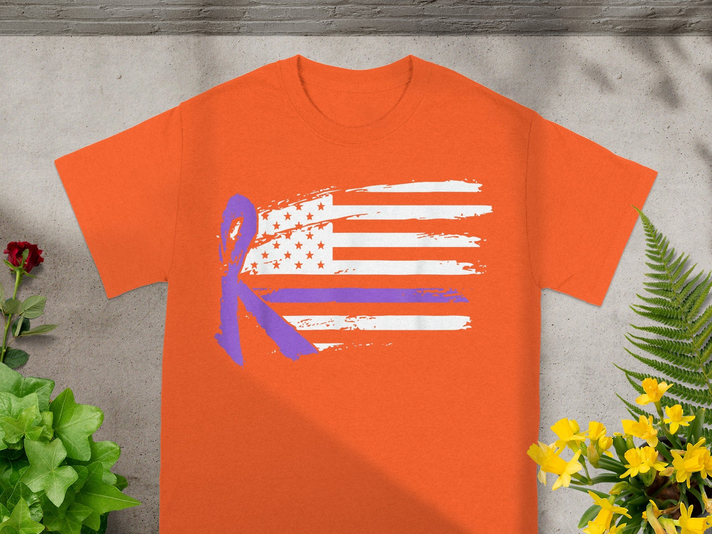 American Flag with Purple Ribbon Graphic T-shirt