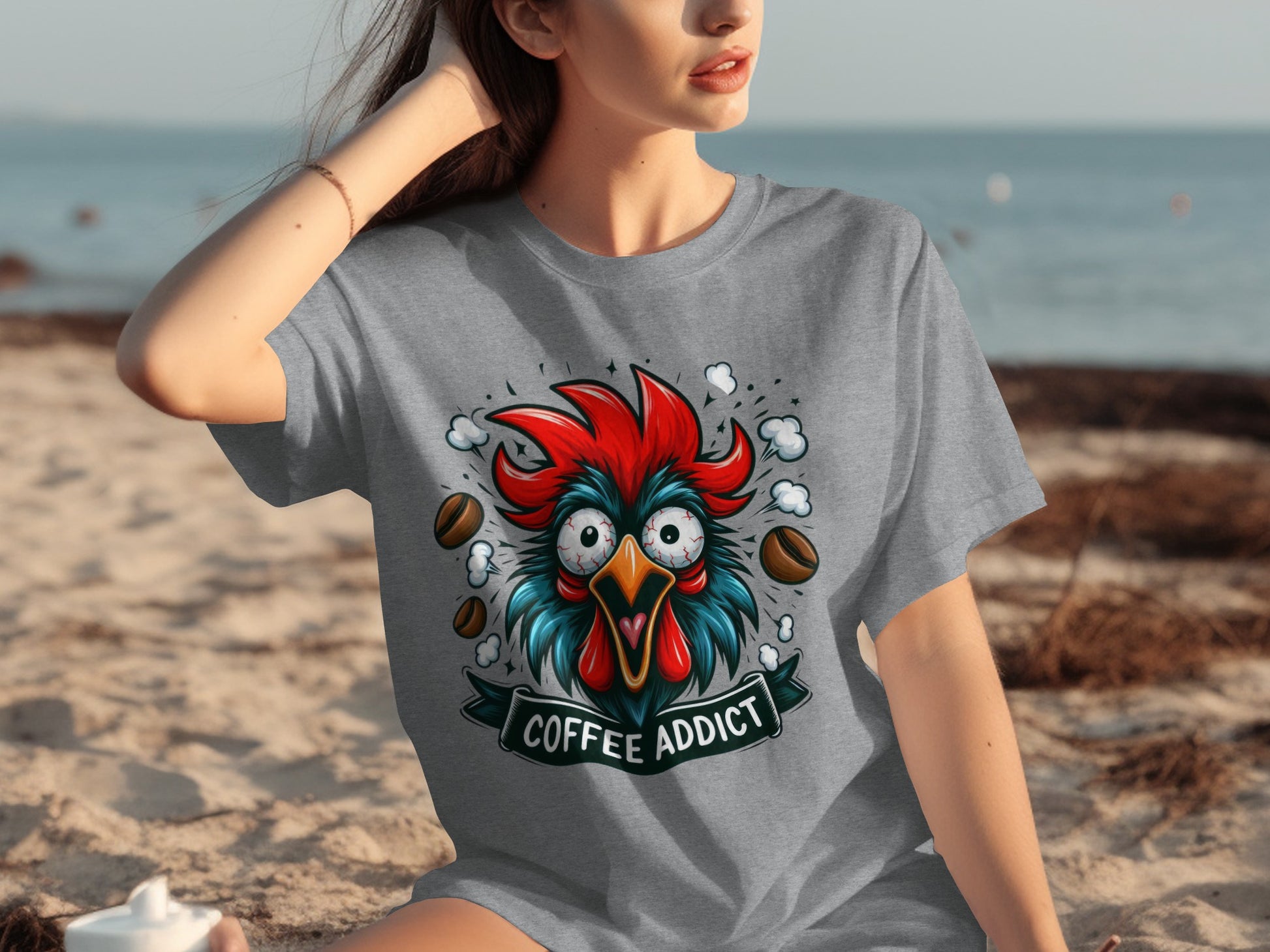 Coffee Addict Rooster Funny Graphic T-Shirt
