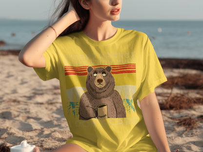 Funny Bear with Coffee Mug Relaxing Beach T-shirt