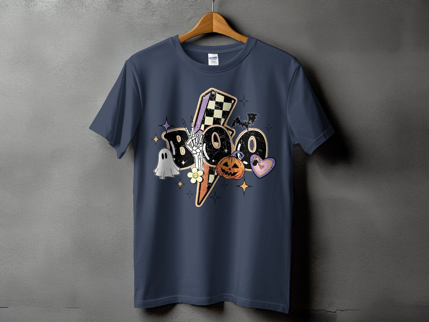 Dark blue t-shirt with a "BOO" graphic featuring Halloween elements.