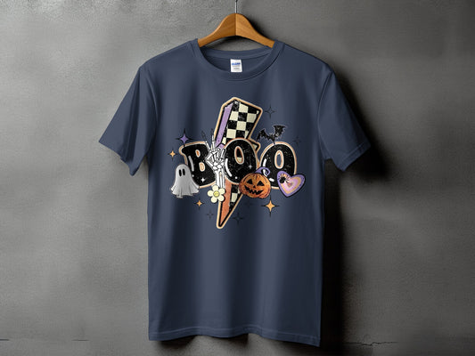 Dark blue t-shirt with a "BOO" graphic featuring Halloween elements.