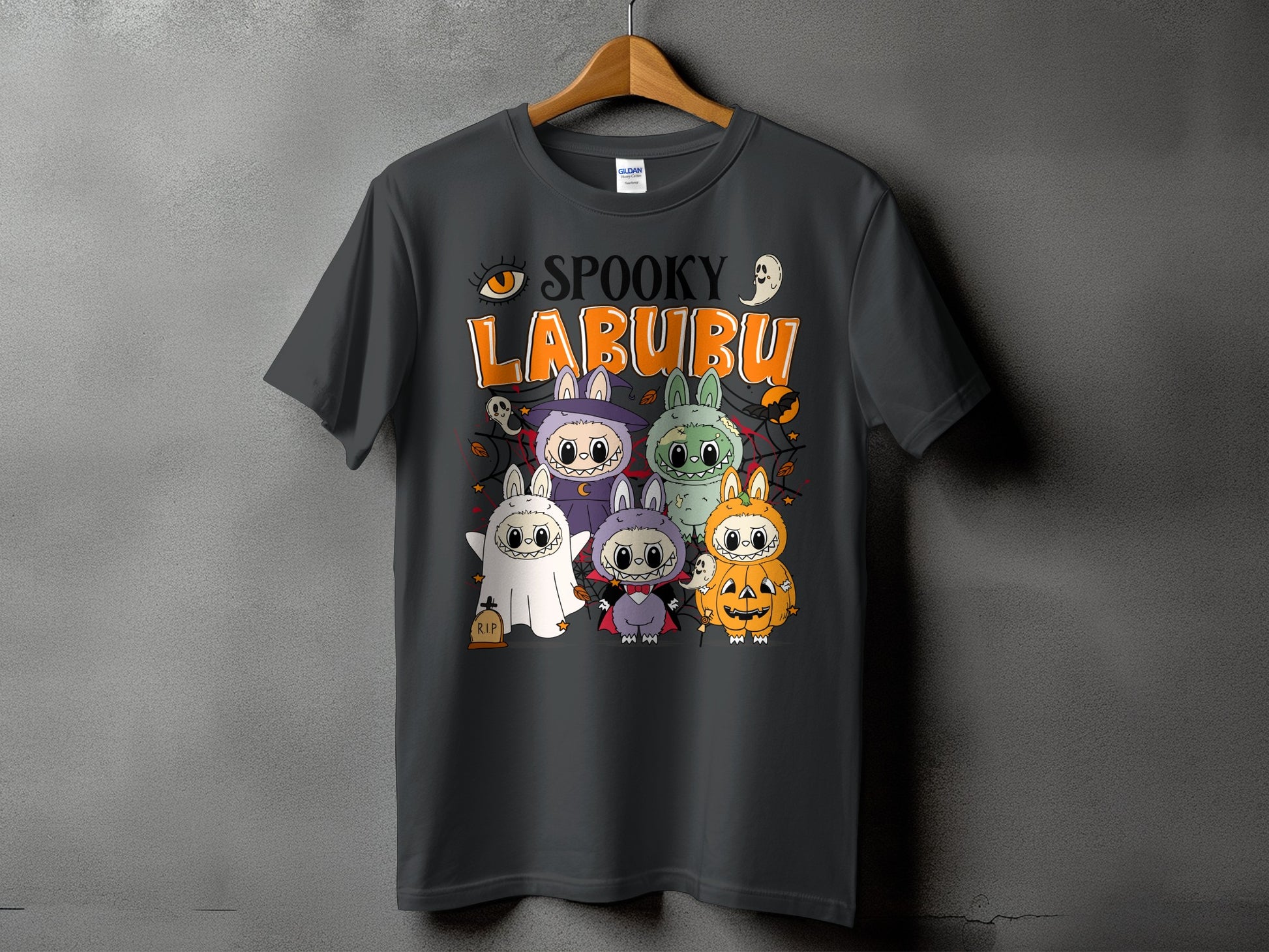 Spooky Labubu Halloween graphic on dark grey t-shirt with cartoon characters.