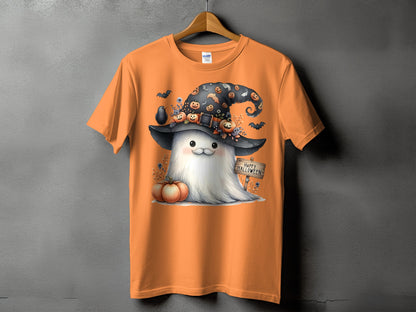 Orange t-shirt with a cute ghost wearing a witch hat and holding a sign that says "Happy Halloween".