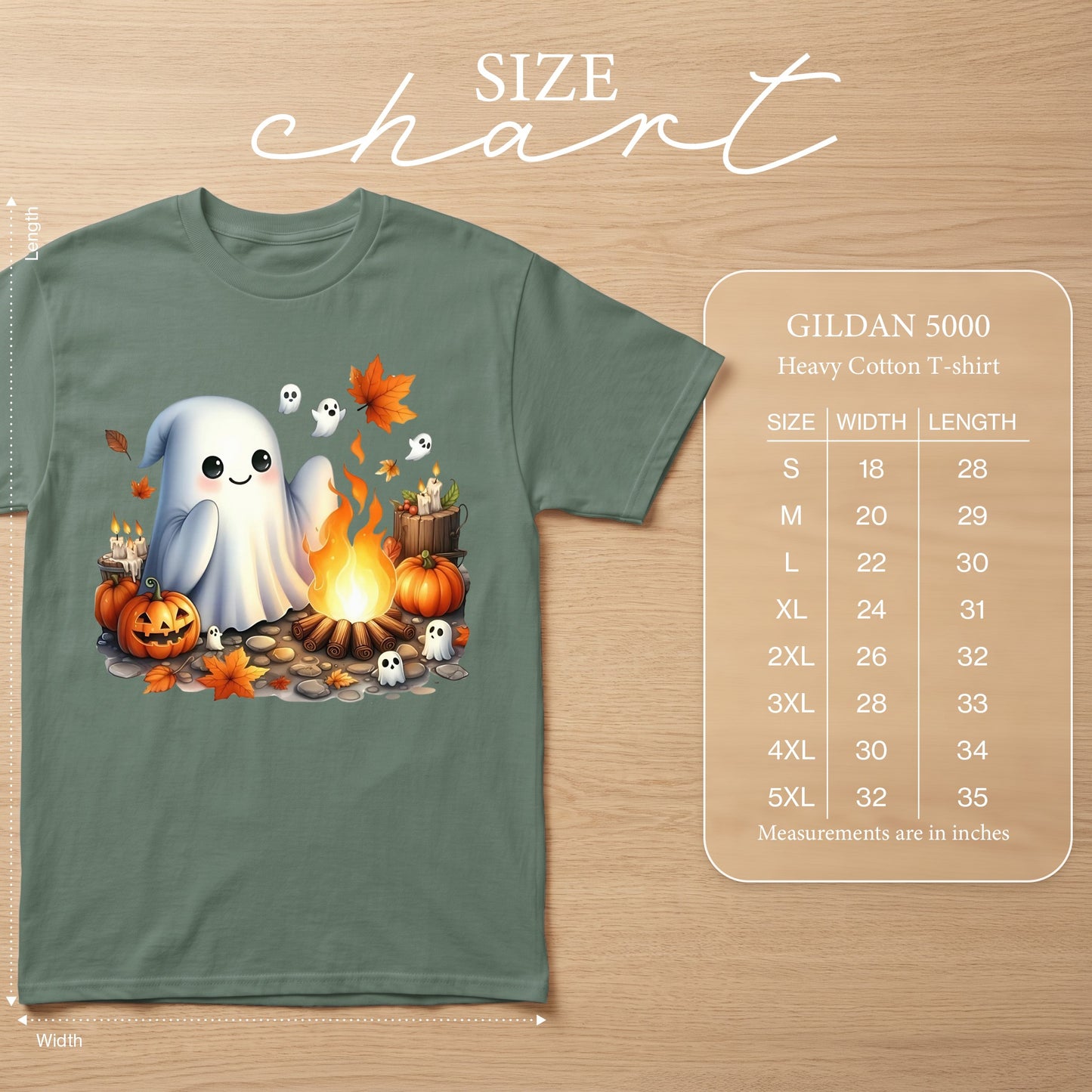 Ghost and pumpkin graphic on a Gildan 5000 heavy cotton t-shirt with size chart.